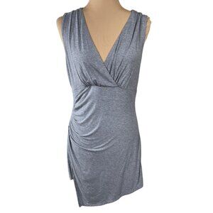 White House Black Market Dress Small Grey Faux Wrap Stretch Ruched Deep V Neck
